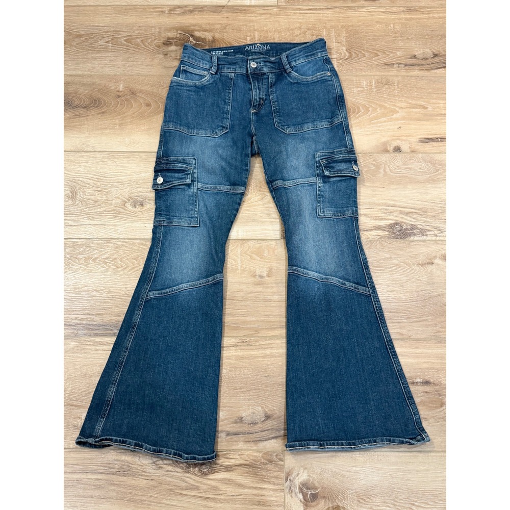 Arizona Jean Co Y2K Flare Cargo Jeans Womens Size 6 Low Rise Medium Wash Denim